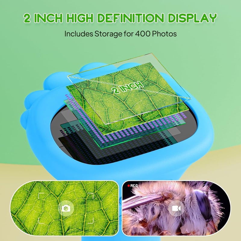 Ashfly Kids Microscope, Pocket Portable Microscope with 2'' Inch Screen - Powerful Handheld Microscopes Bug Magnifier Glass with Light, Ideal Christmas Birthday Gifts for Age 3-12 Boys - Blue - Image 2